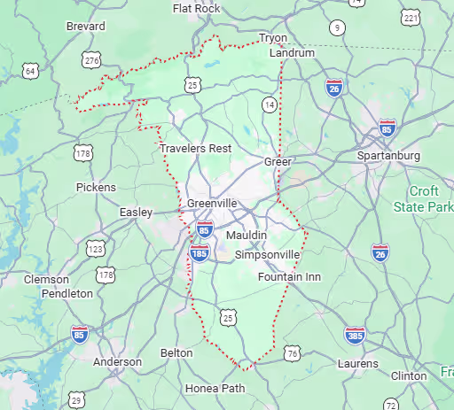 Map of Greenville, SC and surrounding areas we serve